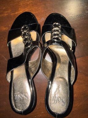 Softt Black Patent Slide Mules with Chain Detail